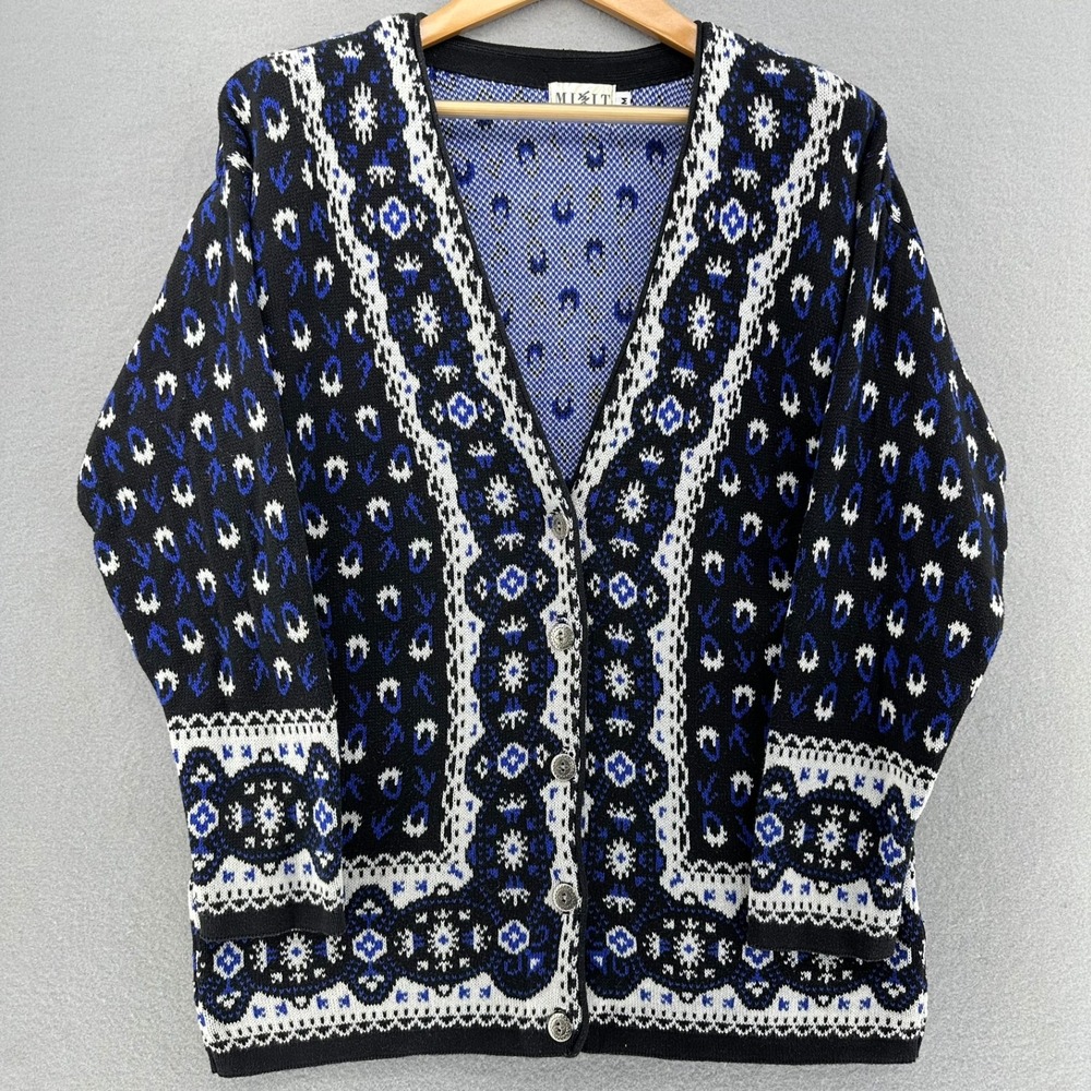 VTG MIXIT Cardigan Sweater Blue White Black Geometric Button Front M 90sSize M